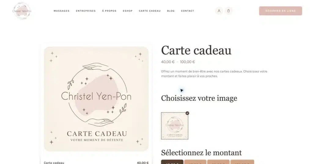 Carte cadeau WooCommerce personnalisable sur le site Christel Yen-Pon