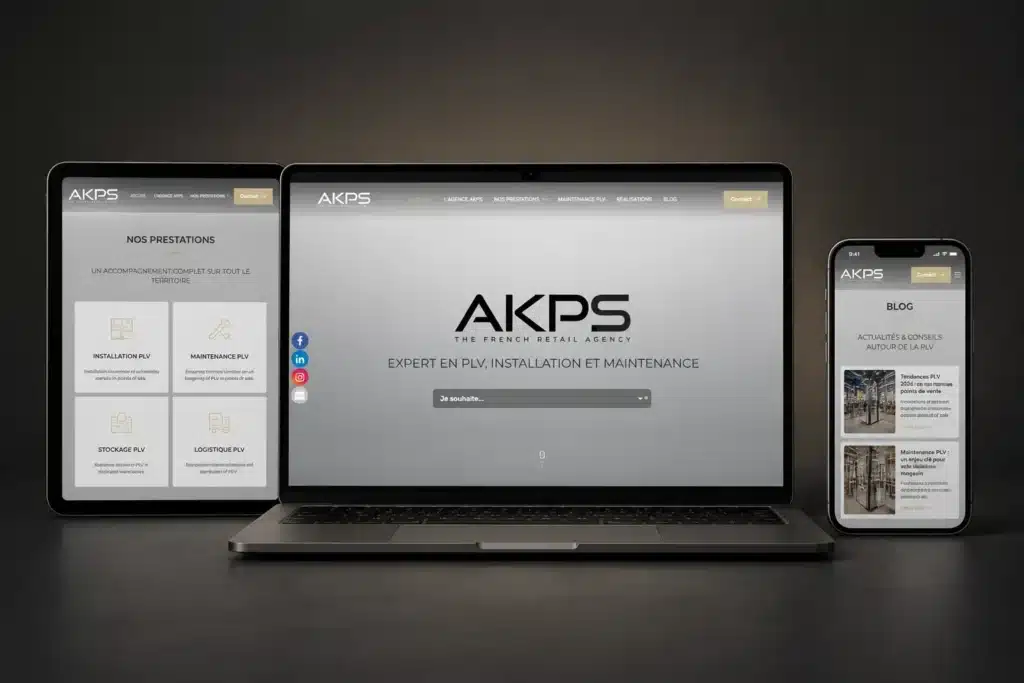 Création de site WordPress AKPS PLV par l’agence Peach, affichée sur ordinateur, tablette et mobile